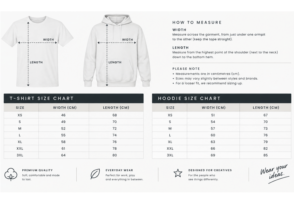 T-shirt and hoodie size chart with garment measurement instructions and size tables
