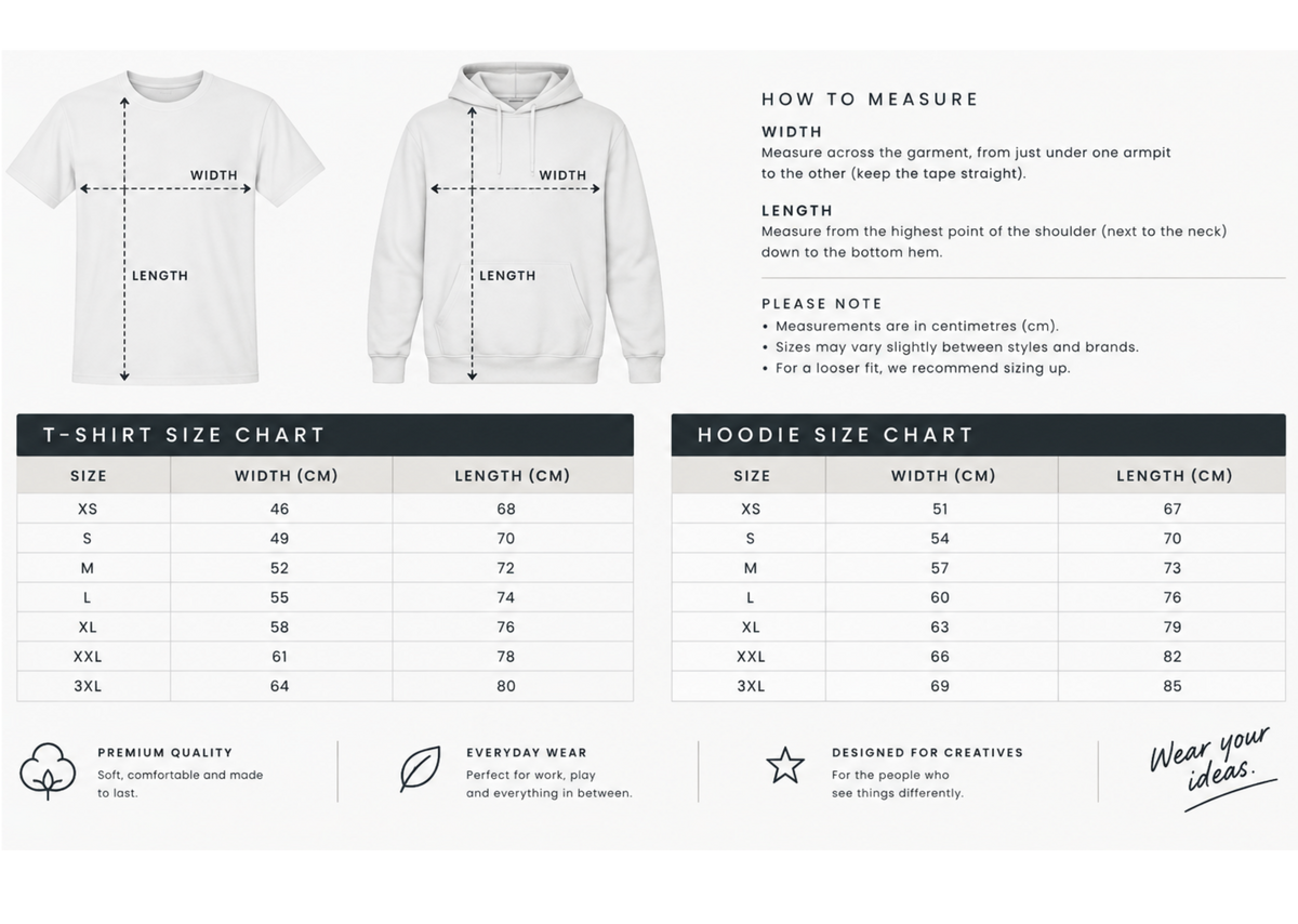 T-shirt and hoodie size chart with garment measurement instructions and size tables